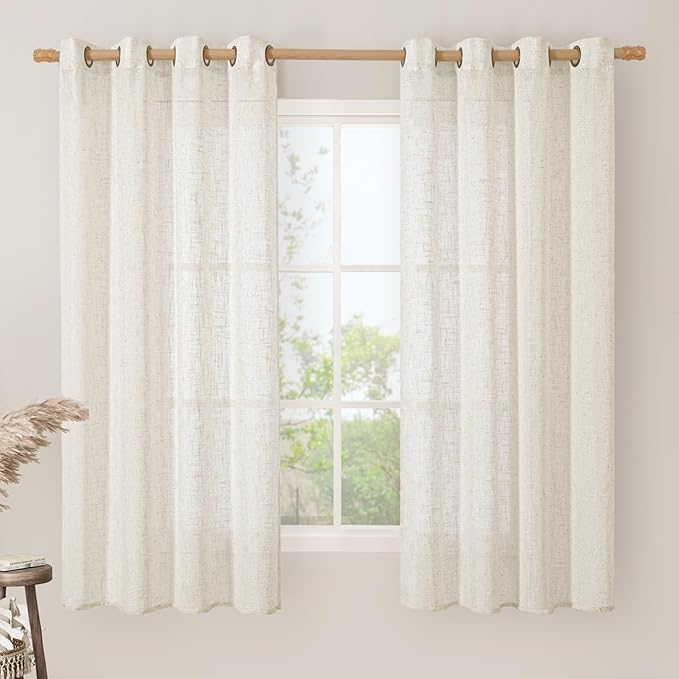 LAMIT 68 Inch Semi Sheer Linen Curtains for Bedroom 2 Panels, Cream Ivory Light Filtering Window Drapes Bronze Grommet Neutral Boho Panels for Living Room/Farmhouse, 52 x 68 Inch