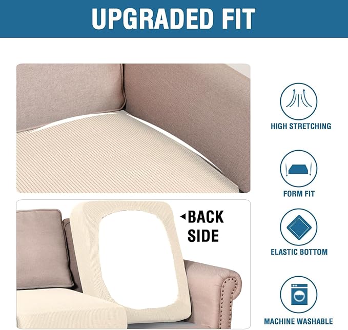 H.VERSAILTEX Super Stretch Individual Seat Cushion Covers Sofa Covers Couch Slipcover Sets Thick Jacquard Textured Twill Fabric (3 Piece Sofa Cushion Covers, Cream)