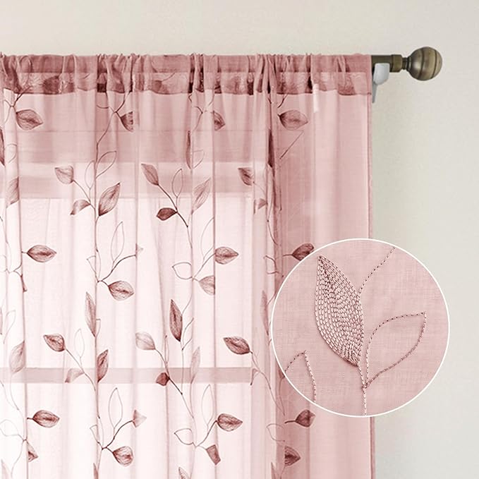 HOMEIDEAS Blush Pink Sheer Kitchen Curtains 52 x 45 Inch Length 2 Panels Embroidered Leaf Pattern Short Curtains for Bedroom Half Small Bathroom Window Rod Pocket Tiers