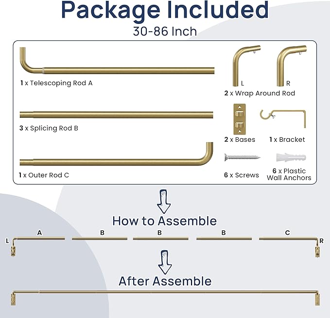 ENJOYBASICS Blackout Curtain rod for windows 48 to 84, Wrap Around Curtain Rods for Bedroom, Living Room, Adjustable from 30 to 86 Inches, Gold
