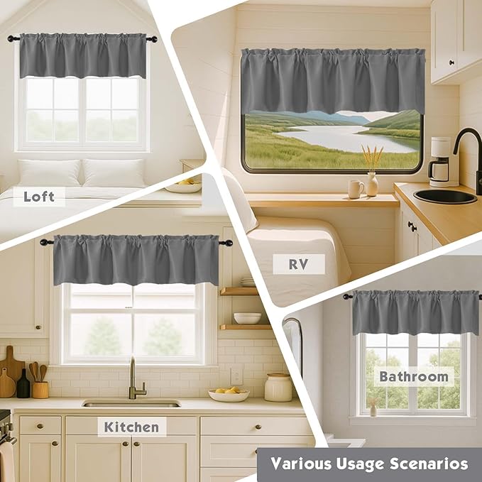 Chyhomenyc Light Grey Valances for Window, Room Darkening Short Curtains for Kitchen Bedroom Living Room, Rod Pocket Top Small Window Treatment Valance RV Bunk Panels, 60Wx14L, 2 Pieces