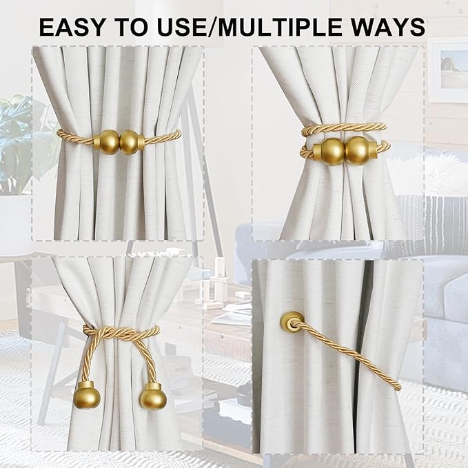 4 Pack Magnetic Curtain Tiebacks Modern Handmade Rope Curtain Tie Backs Decorative Drapes Weave Holdbacks for Home Outdoor Bedroom Office Decorative Curtain, Gold