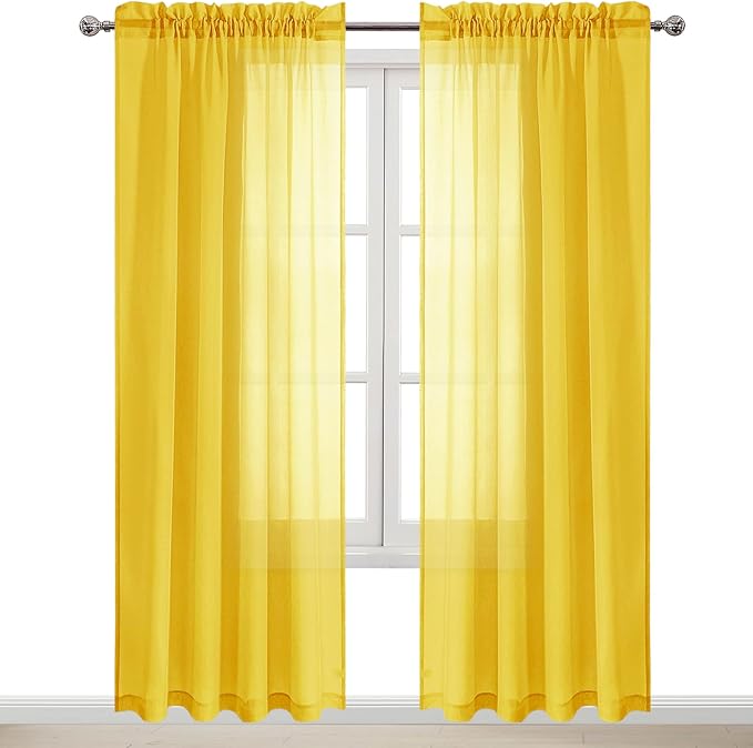 DWCN Yellow Sheer Curtains Semi Transparent Voile Rod Pocket Curtains for Bedroom and Living Room, 52 x 84 inches Long, Set of 2 Panels