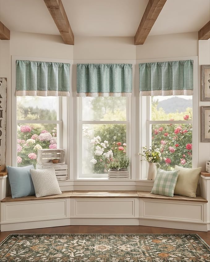 jinchan Curtain Light Filtering Kitchen for Living Room Bedroom Small Windows Valance 18 Inch Double Layer Farmhouse Window Rustic Overlay Rod Pocket 1 Panel Green