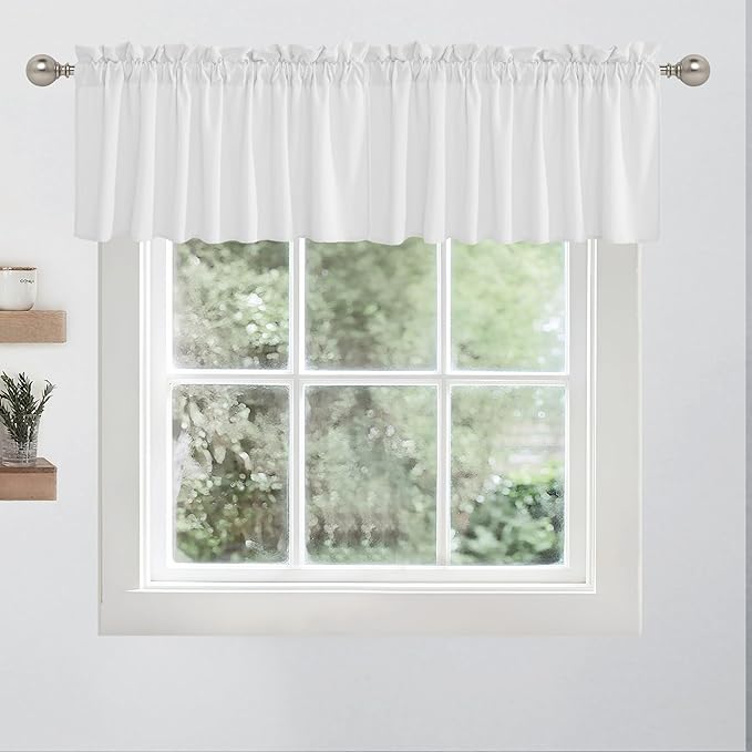 RYB HOME 2 Panels Valance Curtains for Small Window Treatment Faux Linen Weave Textured Light Filtering Swag Curtain for Kitchen Living Room, Rod Pocket, White, W 52 x L 18 inch