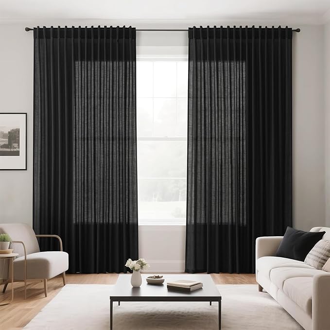 Black Linen Curtains 92 inches Long 2 Panels for Bedroom Back Tab Light Filtering Privacy Sheer Black Curtains Muslin Look Modern Farmhouse Cotton Textured Gauze Curtain for Living Room 2 Panel Set
