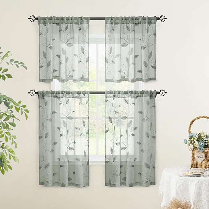 HOMEIDEAS Sage Green Sheer Kitchen Curtains 30 X 36 Inch Length 2 Panels Embroidered Leaf Pattern Short Curtains for Small Window Valance Tiers
