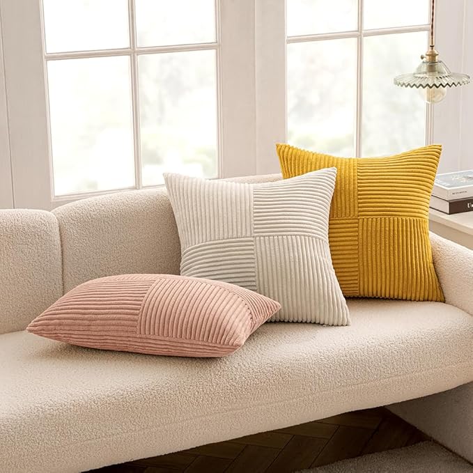 MIULEE Mustard Yellow Decorative Throw Pillow Covers 16x16 Inch for Couch Bed Sofa Pack of 2 Boho Farmhouse Throw Pillows Soft Cross Corduroy Patchwork Textured Cushion Cases