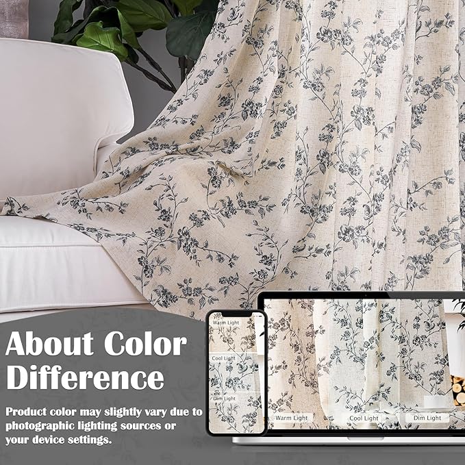 Lazzzy Black Floral Linen Curtains 96 Inch Farmhouse Back Tab Drapes for Living Room Bedroom Light Filtering Vintage Grandmillennial Rod Pocket Curtains, 2 Panels, W38 x L96, Black on Beige