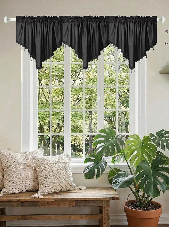 Molaxhome Swag Curtain 51 inch Length Rod Pocket Scalloped Curtain Valance Sheer Lace Panels with Hanging Crystal Beads for Kitchen Bedroom Window Treatments Drape Decor 1pc (Cloth Black, 51Wx23L)