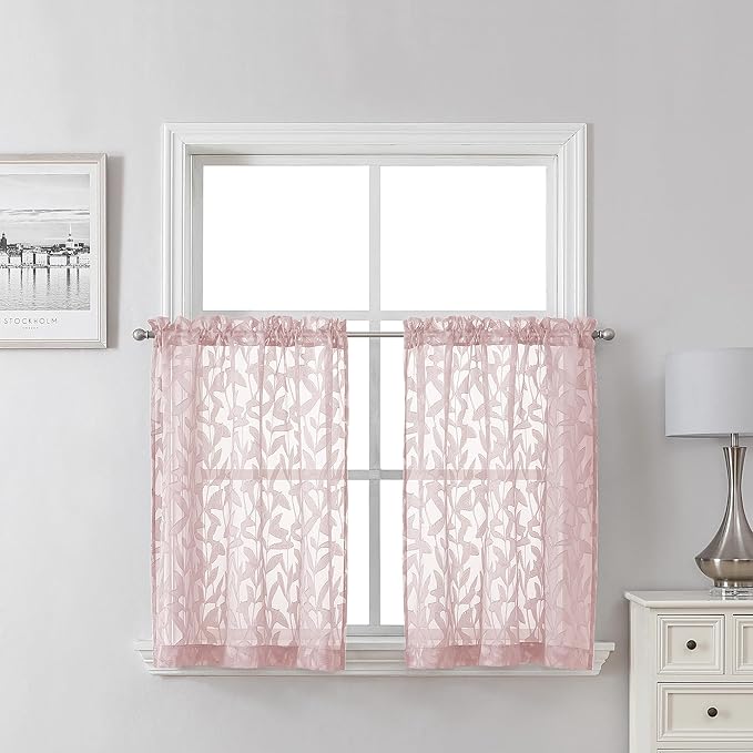 Lecloud Leia Blush Pink Sheer Curtains 2 Pieces, 30 Inch Short Curtains, Breathable Jacquard Texture Kitchen Windows Curtains, Small Farmhouse Leaves Voile Drapes Dual Rod Pocket, 38 W x 30 L