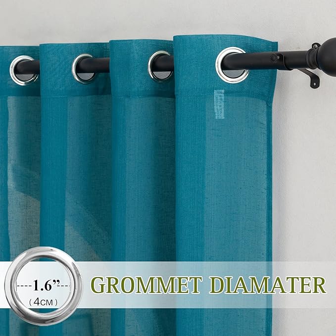 NICETOWN Linen Sheer Bedroom Curtains 72 inch Long, Grommet Top Casual Flax Semi Sheer Window Drapes Privacy with Light Filtering for Living Room, W52 x L72, Peacock Green, Set of 2