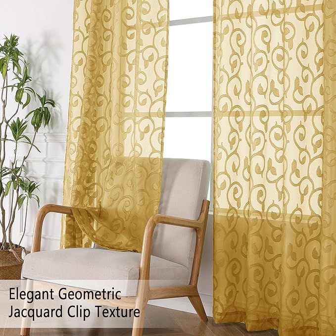 OWENIE Furman Semi Sheer Curtains 72 Inch Length 2 Panels Set, Jacquard Pattern Rod Pocket Light Filtering Farmhouse Curtains for Bedroom Living Room, 2 Pieces 80 Inch Wide, 72 inch Long