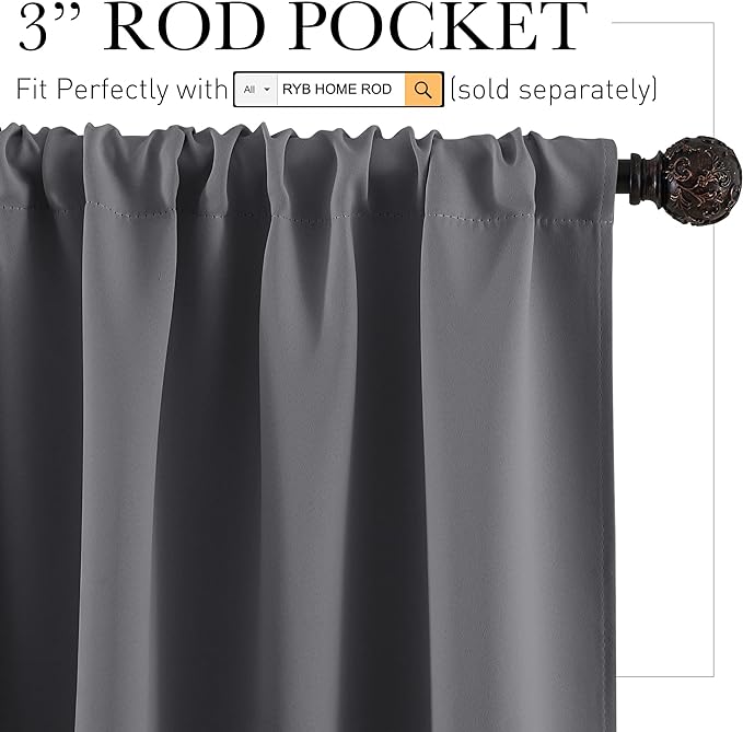 RYB HOME Short Blackout Curtains for Bedroom, Room Darkening Insulated Summer Heat Light UV Blocking Energy Saving Drapes for Nursery, Width 34 by Length 45, Grey, Set of 2