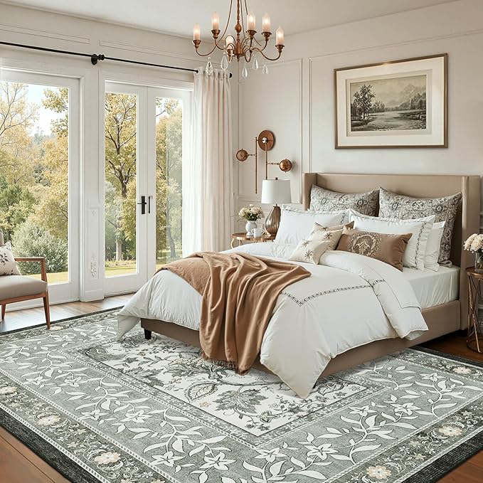 GarveeHome Provence 10x13 Area Rug for Living Room, Botanical Grove Soft Cottagecore Washable Rug for Bedroom Dining Nursery Low-Pile Vintage Large Carpet Gray Fog Green