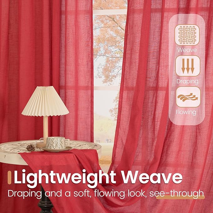 BGment Red Linen Curtains 84 Inch Length 2 Panels Set for Living Room, Window Drapes Lightweight Semi Sheer Textured for Farmhouse Bedroom with Rod Pocket, Each 42 Inch Wide