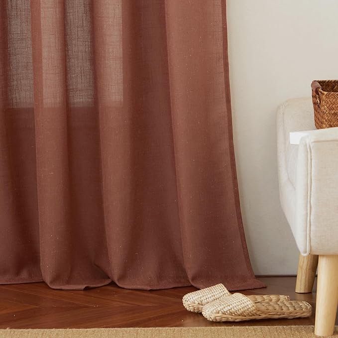 RYB HOME Terracotta Curtains Linen Blend Drapes, Semi Sheer Light Filtering Privacy UV Protection Shades for Farmhouse Living Room, Hotel, Sliding Glass Doors, W 52 x L 95 inch Long, 2 Panels