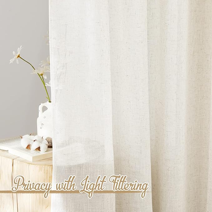 NICETOWN Linen Burlap Bedroom Curtains 63 inches Long, Grommet Semi Sheer Flax Linen Weve Drapes Privacy with Light Filtering Window Treatmentes for Kids Room, W42 x L63, Set of 2