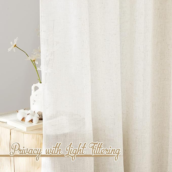 NICETOWN Natural Linen Room Divider Curtains for Bedroom, Grommet Flax Linen Burlap Semi Sheer Window Drapes Privacy with Light Filtering for Patio Door/Bedroom, W68 x L84, 2 Pieces