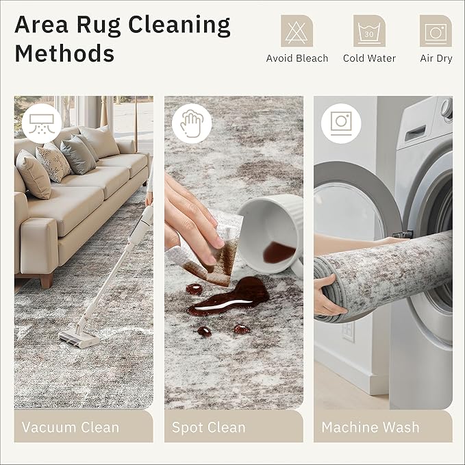 Soalmost 9x12 Area Rugs for Living Room, Non Slip Machine Washable Vintage Rugs, Low Pile Lightweight Large Rug for Bedroom, Dining Room, Home Office Grey Pink