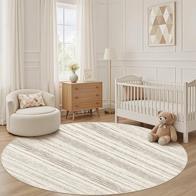 Nakagishi Round Rug Boho Area Rugs: 4x4 Washable Large Circle Neutral Soft Stain Resistant Non-Slip Carpet for Women Aged 25-45 Farmhouse Decor Enthusiasts - Living Room Bedroom Dining Room Nursery