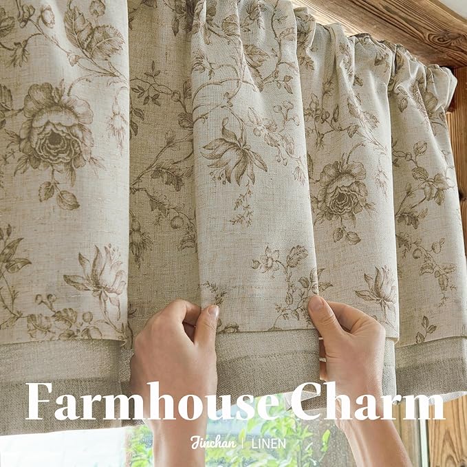 jinchan Amlie Floral Linen Valance Curtain Farmhouse Kitchen Valance for Living Room Laundry Light Filtering Double Layer Cottagecore Window Treatment Rod Pocket 1 Panel 16 Inch Taupe on Linen