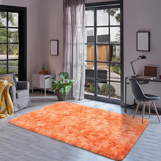Goideal Fluffy Rug for Bedroom Living Room, 5x7 Orange Area Rugs, Faux Fur Shag Modern Carpet Ultra Soft Girls Boys Room Home Decor, Tie-Dyed