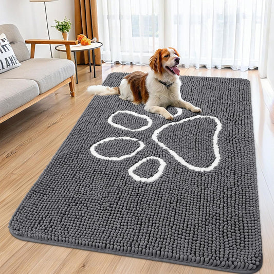 Smiry Dog Door Mat for Muddy Paws, Absorbent Dirt Trapper Non Slip Quick Dry Washable Chenille Mat for Mud Dogs, Entry Rug for Indoor and Outdoor (59x35 Inches, Dark Grey and White)