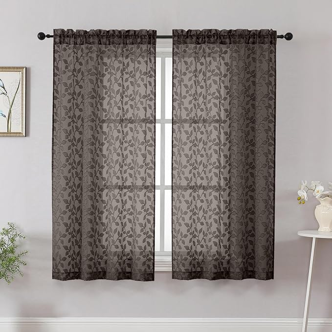 Chyhomenyc Chocolate Short Curtains 45 Inch Length 2 Panels, Light Filtering Leaf Textured Window Curtain Panels for Bedroom Living Room, Elegant Rod Pocket Farmhouse Curtains, 30" Wx45 L, 2 PCS