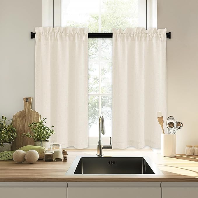 RYB HOME Kitchen Curtains, 30 inches Long Linen Rod Pocket Semi Sheer Cuartins for Basemnet Cafe, Light Filtering Bathroom Curtains Over Sink, W 26 x L 30, Beige, 2 Panels Set