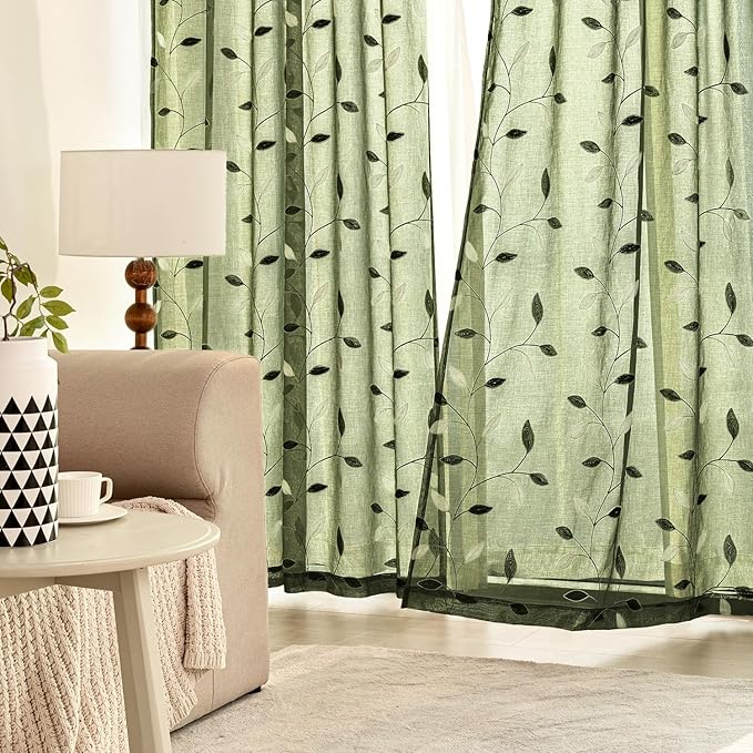 MIULEE Olive Green Sheer Curtains 2 Panels Embroidered Leaf Patterned Rod Pocket Floral Semi Faux Linen Window Curtains Drapes Set for Living Room Bedroom Dining Room, 52x84 Inches Long