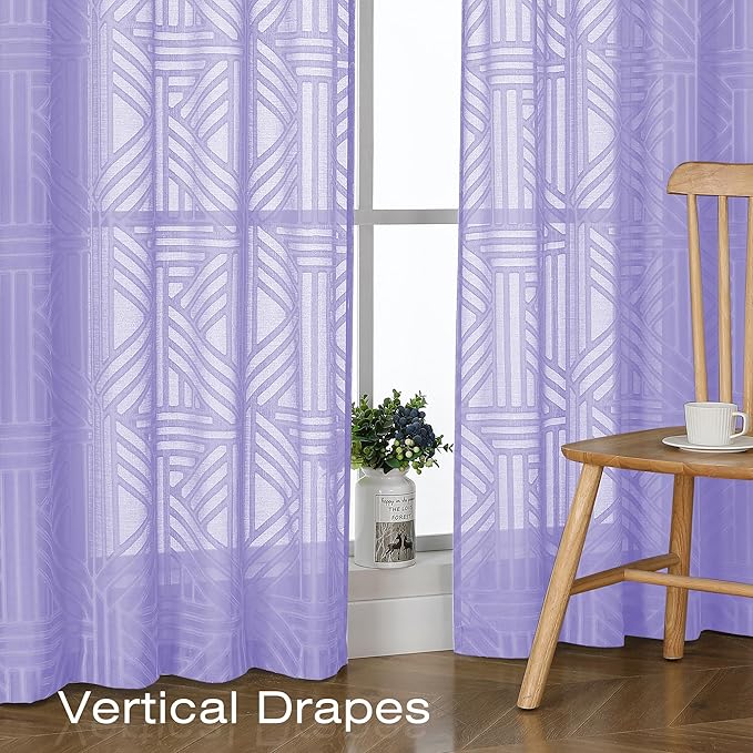 Simplebrand Lavender Semi Sheer Curtains 96 Inches Long 2 Panels, Light Filtering Geometric Jacquard Clip Textured Sheer Curtains for Living Room，Modern Elegant Window Curtains Drapes，42x96 inch