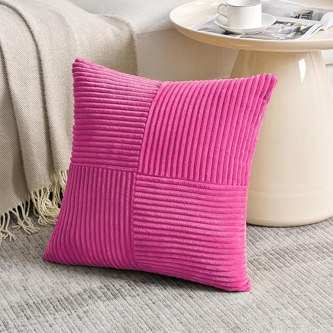 Fancy Homi 2 Packs Hot Pink Decorative Throw Pillow Covers 18x18 Inch for Living Room Couch Bed Sofa, Rustic Farmhouse Boho Home Decor, Soft Corss Corduroy Patchwork Textured Cushion Case 45x45 cm