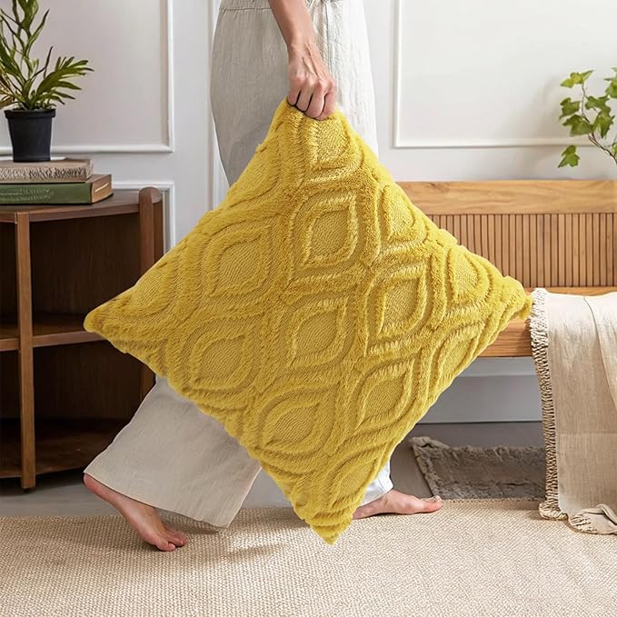 decorUhome Summer Throw Pillow Covers 12x20 Inch Set of 2, Soft Plush Faux Wool Mustard Yellow Solid Couch Pillow Covers, Accent Farmhouse Neutral Rectangle Pillow Cases for Sofa Bed Living Room