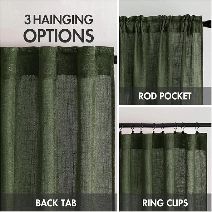 MIULEE Olive Green Linen Curtains 108 Inches Long for Bedroom Living Room, Soft Thick Linen Textured Window Drapes Semi Sheer Light Filtering Back Tab Rod Pocket Christmas Decor, 2 Panels