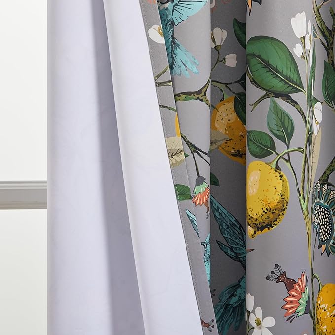 Topfinel Kitchen Curtains 45 Inch Length Gray Vintage Blackout Curtains for Cafe Kitchen, Short Grommet Luxury Whimsical Floral Hummingbird Patterned 45 Inches Long for Living Room Bedroom