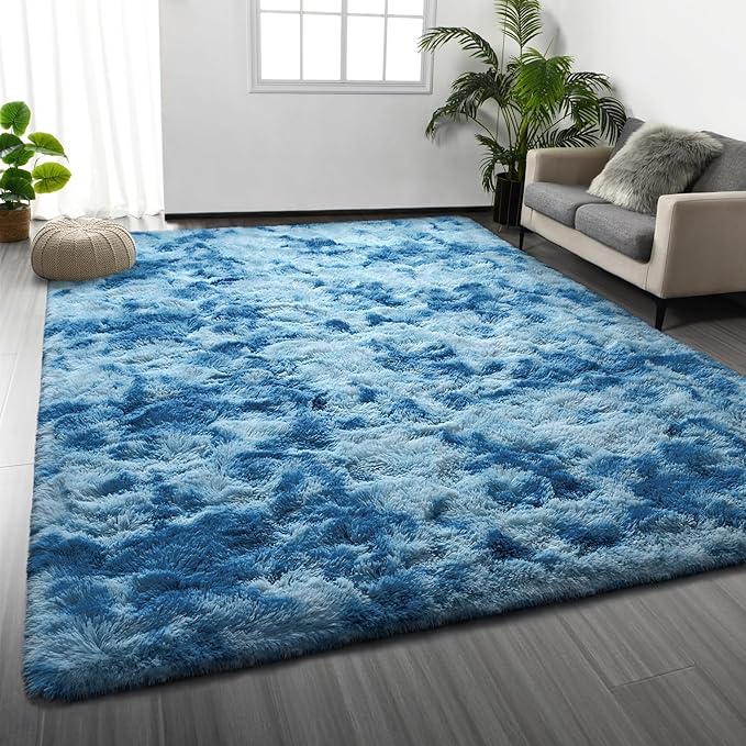 Large Shag Area Rugs 5 x 8, Tie-Dyed Plush Fuzzy Rugs for Living Room, Ultra Soft Fluffy Furry Rug for Bedroom, Indoor Carpet Nursery Rugs for Kids Room Home Decor, Bright Blue