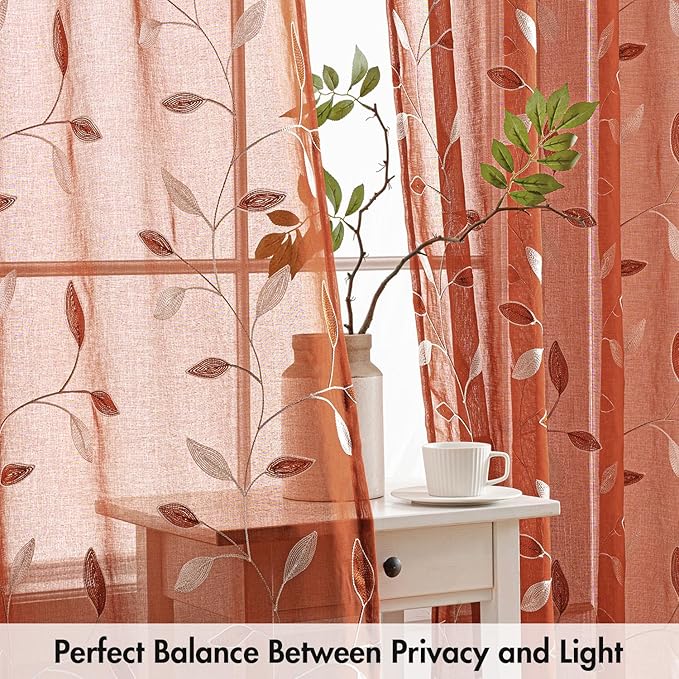 MIULEE Terracotta Sheer Curtains 2 Panels Embroidered Leaf Patterned burnt Orange Rod Pocket Floral Semi Faux Linen Fall Window Curtains Drapes Set for Living Room Bedroom Dining Room, 52x84 Inch Long
