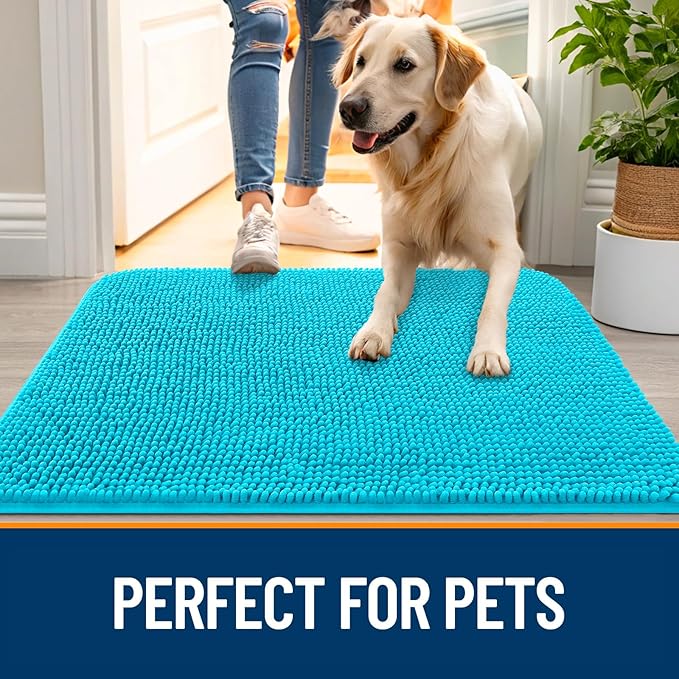 OLANLY Dog Door Mat for Muddy Paws 54x32, Absorbs Moisture and Dirt, Absorbent Non-Slip Washable Doormat, Quick Dry Chenille Mud Mat for Dogs, Entry Indoor Entryway Carpet for Inside Floor, Aqua Blue