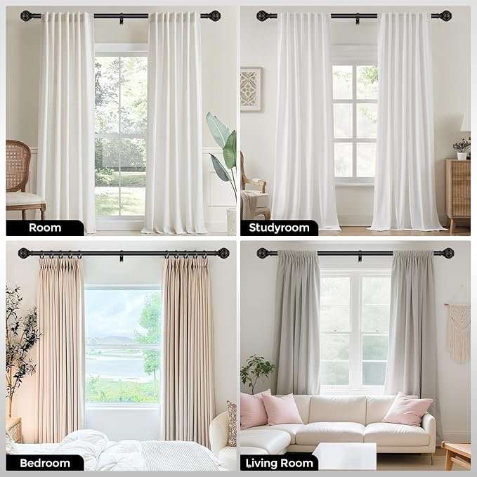 Black Curtain Rod, Heavy Duty 1 Inch Decorative Curtain Rods for Windows 48 to 84 Inch, Single-Side Adjustable Vintage Rustic Matte Black Drapery Pole Set with Boho Netted Texture Finials