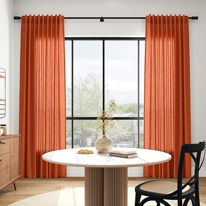 Nanspring Bright Orange Linen Blend Light Filtering Back Tab Curtains 102 Inches Long, Semi Sheer Privacy Drapes for Living Room & Bedroom, 52x102 inch, 2 Panels