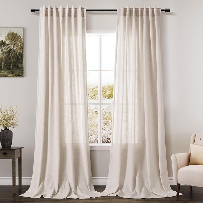 Nanspring Beige Linen Curtain 100 inches Long for Living Room Back Tab Neutral Vintage Country Rustic Farmhouse Curtain Burlap Textured Canvas Cloth Look Linen Drapes for Dinning Room Bedroom