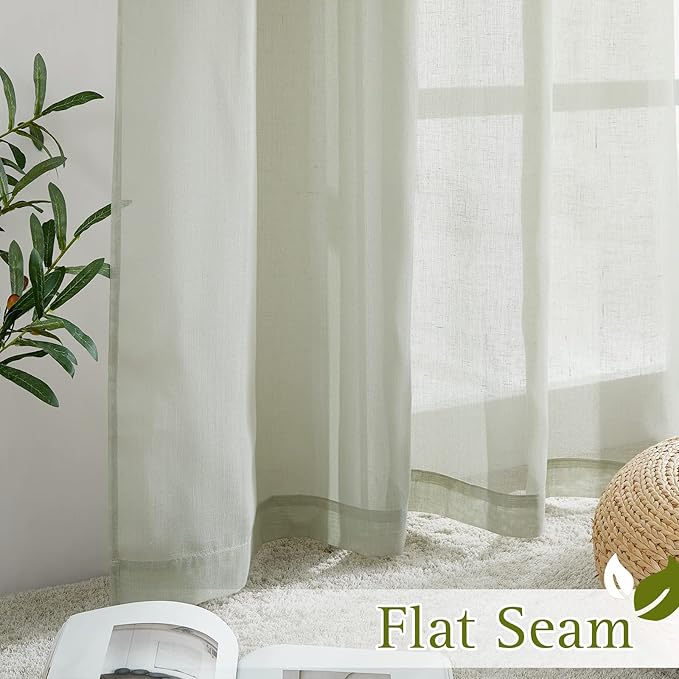 NICETOWN Linen Sheer sage green Curtains 84 inch Length for Bedroom, Grommet Semi Sheer Linen Blend Vertical Window Drapes Privacy with Light Filtering for Living Room, Sage Green, W52 x L84, Set of 2