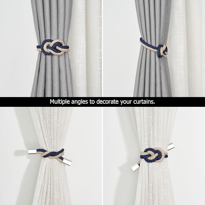 NICEEC 4 Pack Mini Magnetic Curtain Tiebacks Nordic Simple Style Drape Tie Backs Elegant Hand Weave Rope Knot Decorative Curtain Holdbacks for Home & Office Thin Window Drapery (Dark Blue & Beige)