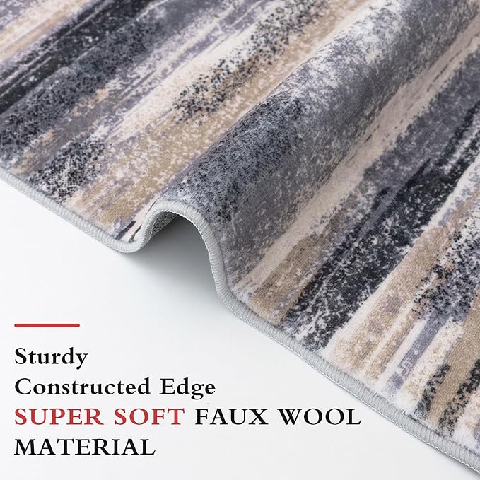 Lansny Modern Abstract 6x9 Machine Washable Living Room Rug Non-Slip Soft Bedroom Area Rug Grey Black Multi Ultra Thin Print Faux Wool Floor Carpet Throw Rugs for Nursery Playroom Dining Room Indoor