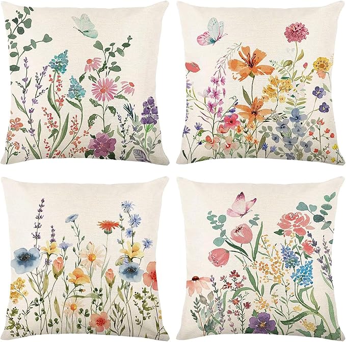 ONFAON Spring Summer Pillow Covers 20x20 Set of 4,Floral Seasonal Summer Outdoor Decoration Pillowcase Linen Cushion Cover for Couch Sofa