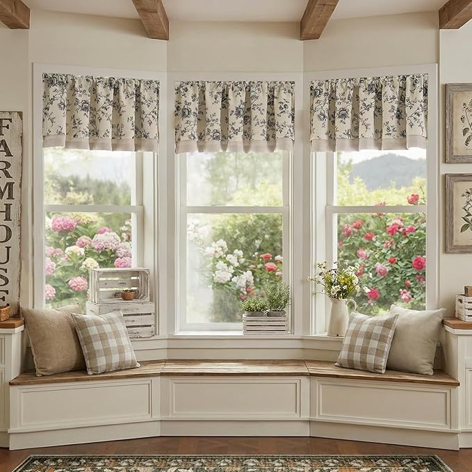 jinchan Amlie Floral Linen Valance Curtain Farmhouse Kitchen Valance for Living Room Laundry Light Filtering Double Layer Cottagecore Window Treatment Rod Pocket 1 Panel 16 Inch Charcoal on Linen