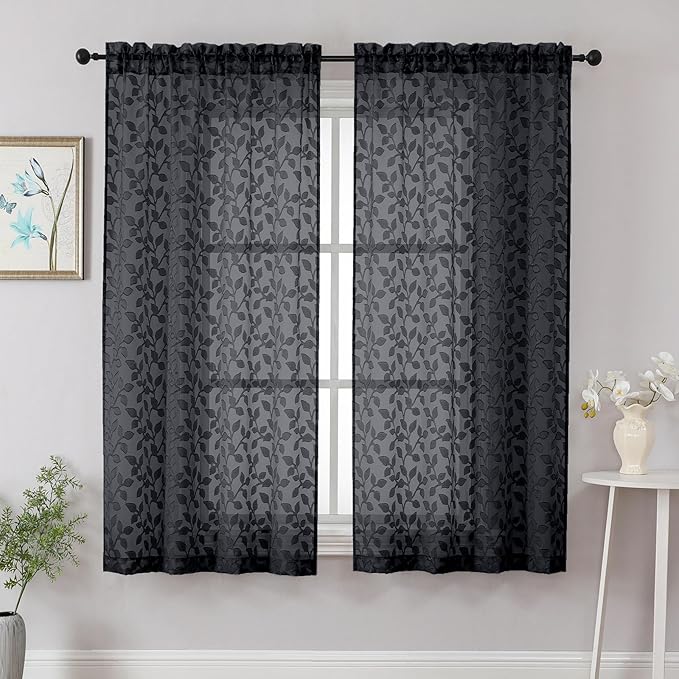 Chyhomenyc Black Sheer Curtains 63 Inch Length 2 Panels Set, Light Filtering Tufted Textured Soft Airy Rod Pocket Beautiful Leaf Window Treatment Drapes for Bedroom Living Room, 42" Wx63 L, 2PCS