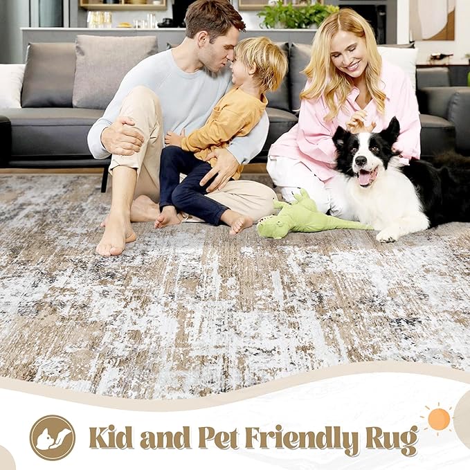 XLUEZ 6x9 Area Rugs for Living Room, Washable Modern Abstract Large Area Rug Neutral Soft Non Slip Kids Rug Stain Resistant Indoor Carpet for Bedroom Nursery Dining Room Playroom(Beige, 6'x9')