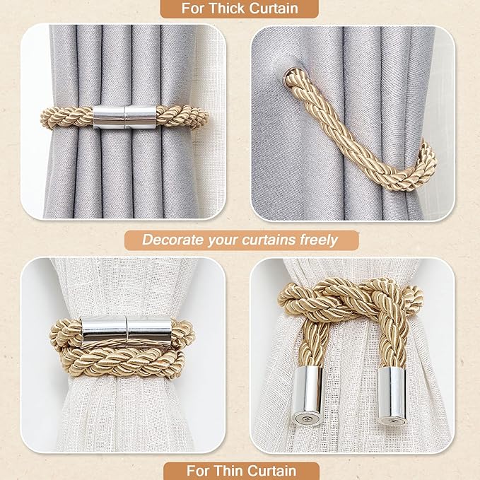 NICEEC 6 Pack Strong Magnetic Curtain Tiebacks Modern Simple Style Drape Tie Backs Convenient Decorative Weave Rope Curtain Holdbacks for Thin or Thick Home & Office Window Draperies (Bronze)